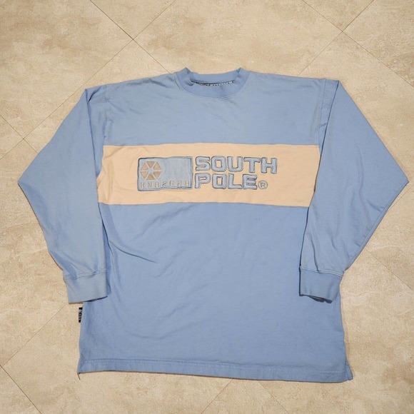 VTG South Pole Mens XL Embroidered Spellout Blue Long Sleeve T Shirt Streetwear - Picture 2 of 12